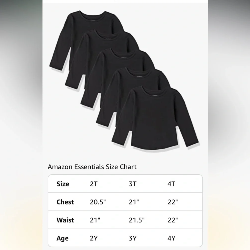 NWT Amazon Essentials Toddlers' Long-Sleeve T-Shirts,  5 pack Multipacks​